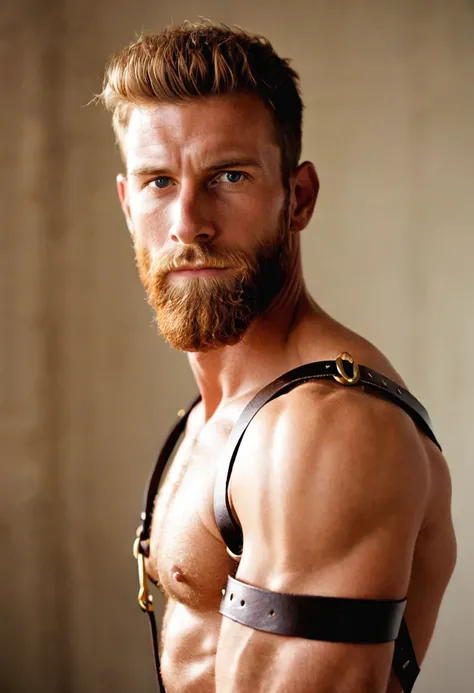 realistic, 1man, fit, hairy chest, beard, ginger, leather straps, fully naked, looking at viewer, from side, shallow depth of field, bokeh, soft lighting, high quality, film grain, Fujifilm XT3