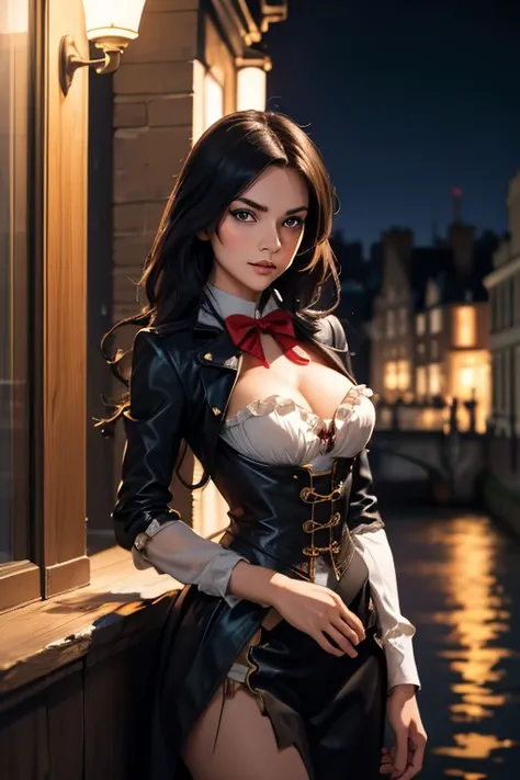 Highest quality　High resolution　London by night　Cute woman in steampunk costume　