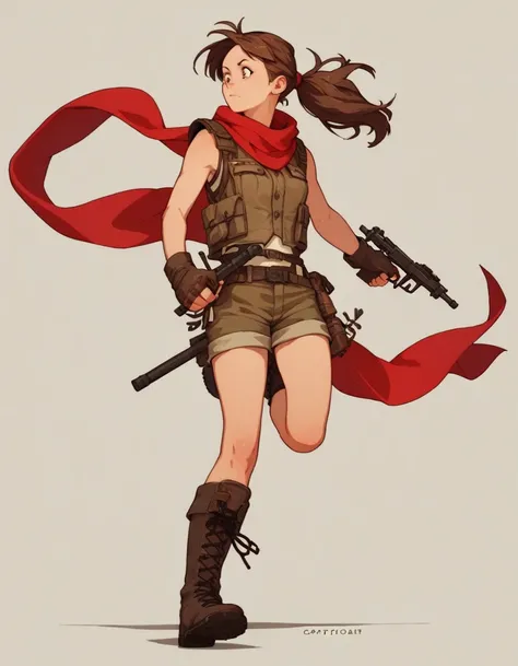 13 year old girl shoulder length brown hair with a ponytail red scarf comcate vest shorts and combat boots 