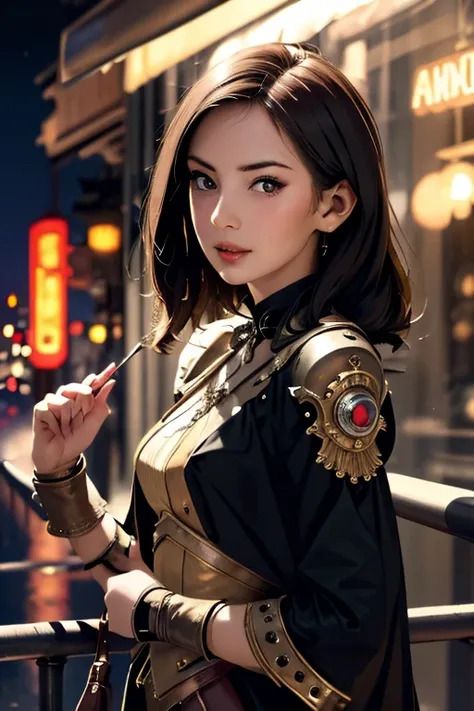 Highest quality　High resolution　Paris by night　Cute woman in steampunk costume　