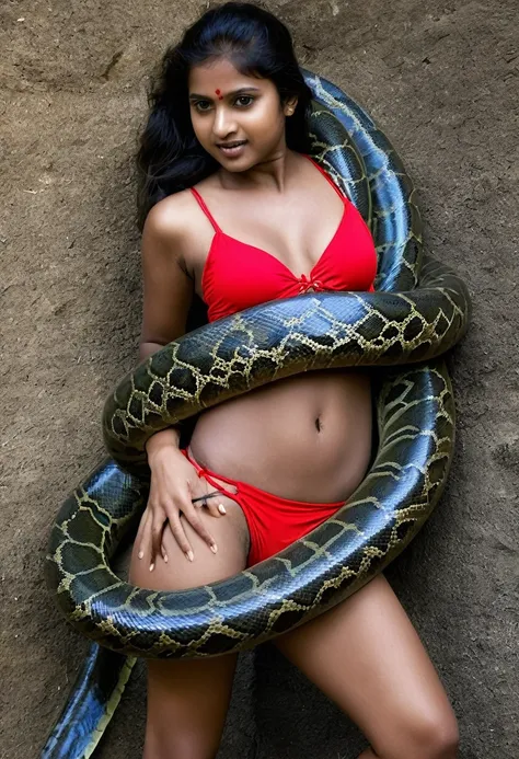  Happy Horny, aroused 1girl), beautiful Indian  young teen girl  wearing red thong with  giant colossal Kaa monster squeezing her hard, wrapped in thick spiraling coils, constricted, struggle, gasping for air, snake attack, snake peril,