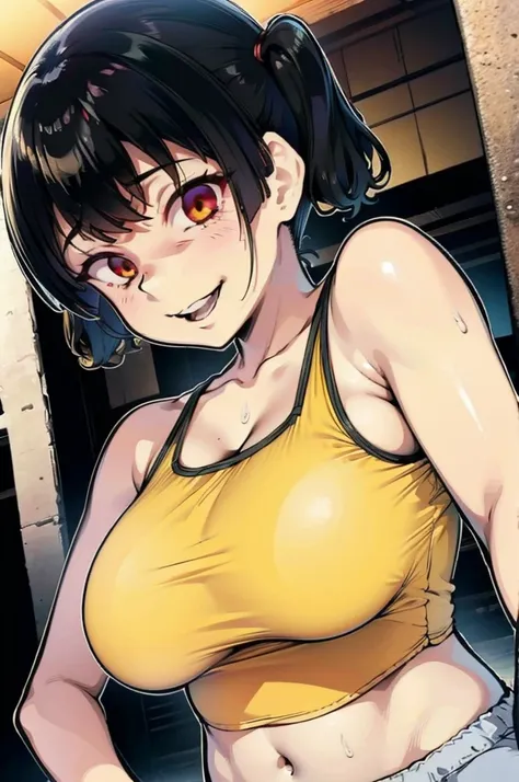 gesugaoでtitfuckをするsasaki kanna, yellow tank top, underboob, sweat, black hair twin tails, guess face, smile, crazy smile, 勝ち誇ったs...