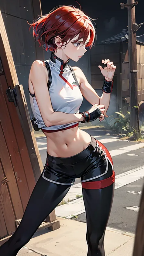 {{masterpiece}}, {{{best quality}}},{{ultra-detailed}}, {{illustration}},{{tall stature}},{{adult women}},skinny,Small breasts,Slender body,{{fighting stance}},((Leggings with integrated shorts)),((Black leggings)) Female Fighter　Red hair short cut　Sleevel...