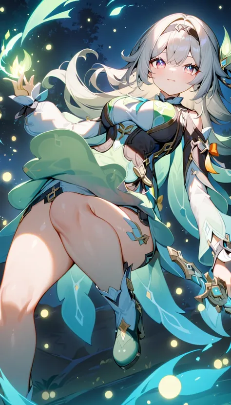 an anime girl，genshin impact，firefly，silver hair，green clothes，sword，big breasts，leg，rich details