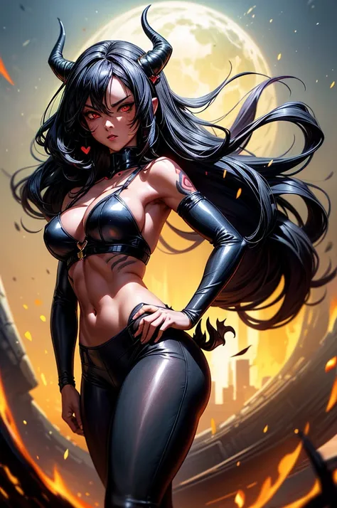 masterpiece, super detailed, high resolution, precision art, highly seductive anime girl. sexy and alluring, flawless red demonic skin, succubus, symmetrical face, beautiful obsidian black eyes, flowing black hair, her very presence oozes seduction and all...