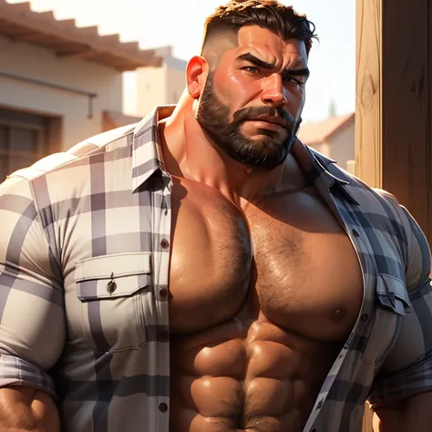 an exaggeratedly muscular and large bodyguard, beefy build, beard, latin american male, short hair, surprised expression, (wearing unbuttoned plaid shirt: 1.2), school team logo, (bara pecs: 1.3), (arm and chest hair: 1.1), close-up portrait HD, (outside r...