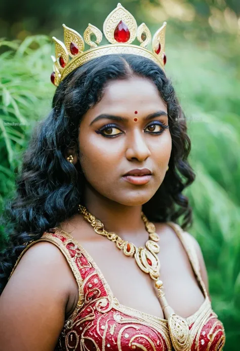 (((photo of a ancient kerala crowned temple goddess ))), (((black kali))) , (((Half Body))), (((very dark skin))), (((age 18+))), (((plus size chubby tall))), (((huge busty milky wet big massive boobs))), (((nude thick thigh))), (((ancient black mini skirt...