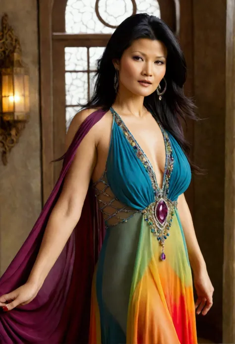 Kelly Hu (age 25, young and vital, sheer colorful flowing dress, body jewelry) is a fantasy princess, mystic glow, lavish bedroom