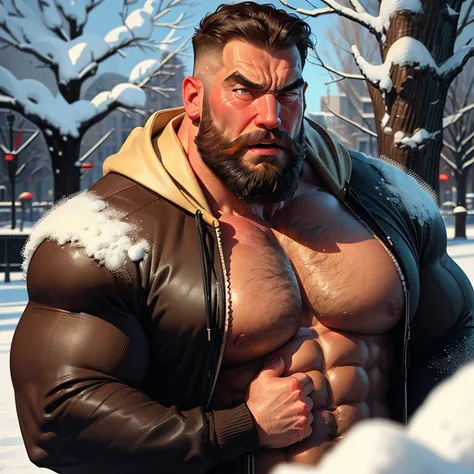 an exaggeratedly muscular and large bodyguard, beefy build, beard, old american male, short hair, (surprised expression: 1.2), (wearing sweatshirt: 1.2), (bara pecs: 1.3), (arm and chest hair: 1.1), close-up portrait HD, (snowy park)