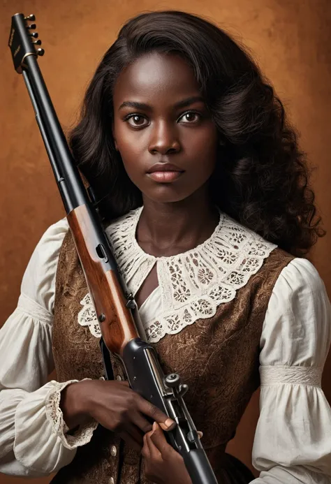 Dona africana, darkskin, western film character, Sexy girl with brown eyes, ultra realist, meticulously detailed, wearing period clothes. she is holding a rifle Portrait jasmin grant, brown and black hair selfie of a young woman, Olhos do quarto, no-makeup...