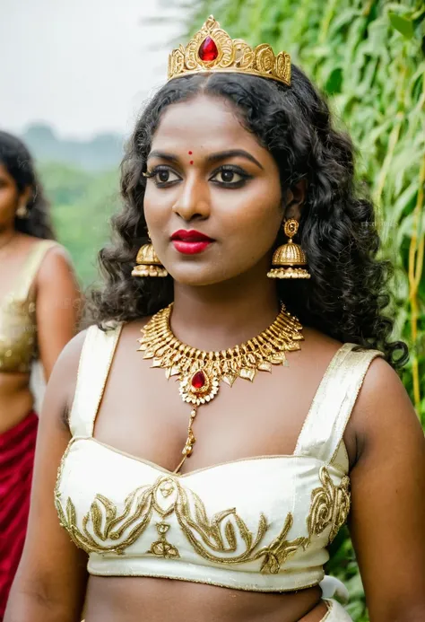 (((photo of a ancient kerala crowned temple goddess ))), (((black kali))) , (((Half Body))), (((very dark skin))), (((45 years old))), (((((very dark nipple and areola))))) (((plus size chubby tall))), (((huge busty milky wet big massive boobs))), (((nude ...