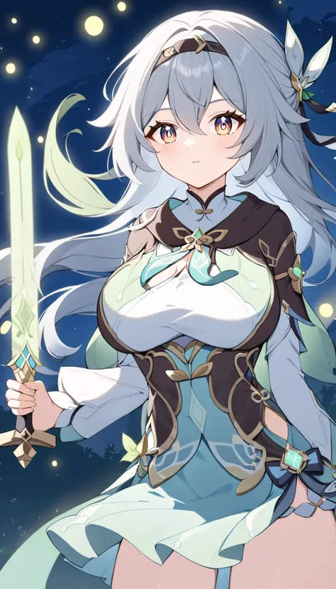 an anime girl，genshin impact，firefly，silver hair，green clothes，sword，big breasts