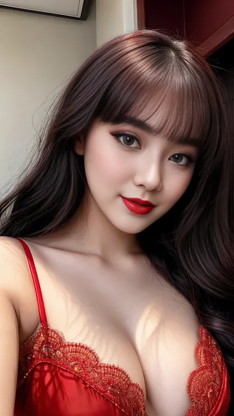 instagram photo, closeup face photo of 20 y.o Chloe in kebaya, Red Lipstick, sensual Lipstick, Sensational Make Up, cleavage, pale skin, (smile:0.4), hard shadows, Red G-STRING, bright lighting 