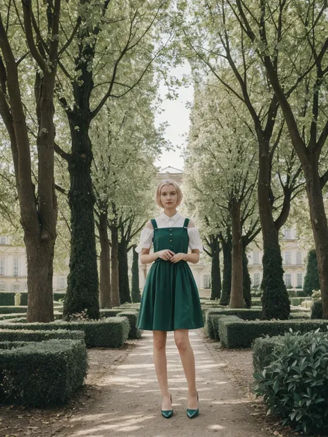 her name is Amelie, high quality, 1girl, ((25-year-old fit Caucasian woman)), ((25 years old)), ((SLIM)), ((short blonde hair)), pose: standing, wearing fashionable Generation-Z modern wear different colored, BACKGROUND:  "In the fairy-tale-like gardens of...