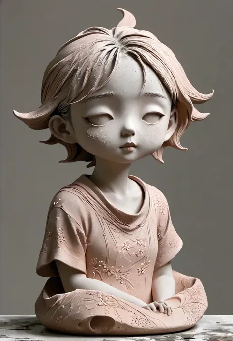 (Best quality：1.2），clay，Pottery，rough，Mineral pigments，3d，clay雕塑艺术，rough表面，（work，Abandoned Sculpture，Minimalist Sculpture，1 girl，Art Blush，cute，rough表面，Surface patterns and textures，Surface scratches，Granular，Old，Damaged，moss，rain，A small white flower，one，...