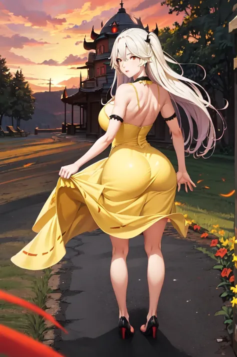 masterpiece, best quality,   sdslillia, red eyes, hair over eyes, huge breasts, from behind, (yellow sundress:1.4), garden, red ...