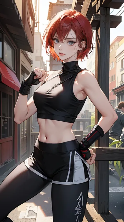 {{masterpiece}}, {{{best quality}}},{{ultra-detailed}}, {{illustration}},{{tall stature}},{{adult women}},,Small breasts,Slender,{{fighting stance}},((Leggings with integrated shorts)),((Black leggings)) Female karate　Red hair short cut　Sleeveless uniform　...