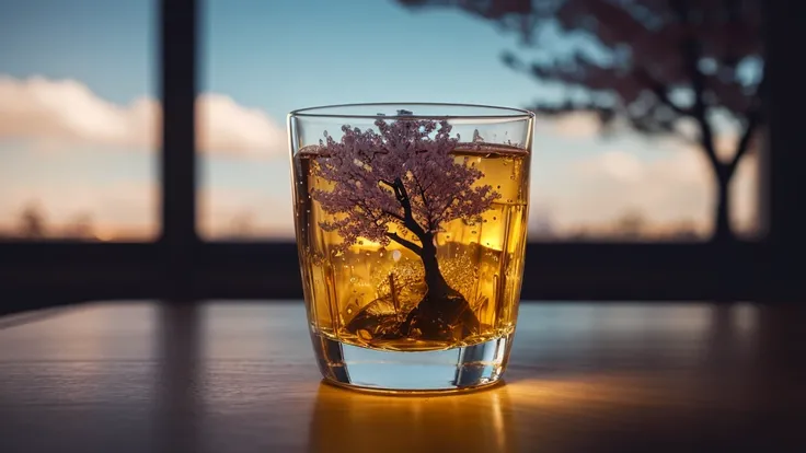 Cherry tree in a whisky glass, fluffy, Realistic, Refraction of atmospheric light, photograph：Lee Jeffries, Nikon d850 film stock photos 4 kodak portra 400 camera f1.6 Lenses, Rich colors, ultra Realistic Realistic textures, Dramatic lighting, Unreal Engin...