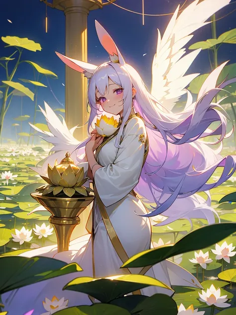 Buddha, rabbit ears, long white hair, white dress, portable shrine, festival, angel halo, lotus flower field, purple eyes, smile, swallow, lotus bouquet, gold screen, paradise, 猫ちゃん

