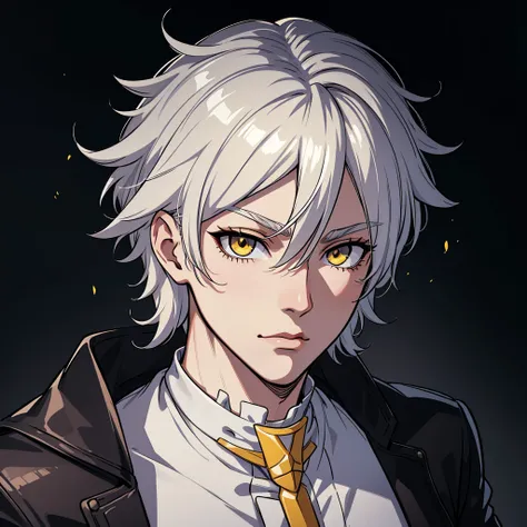 (high-quality, breathtaking),(expressive eyes, perfect face) Symmetrical Eyes, portrait, 1guy, 30 years old, white hair color, yellow highlights, bright yellow eyes, black and white clothes, Neopolitan RWBY
