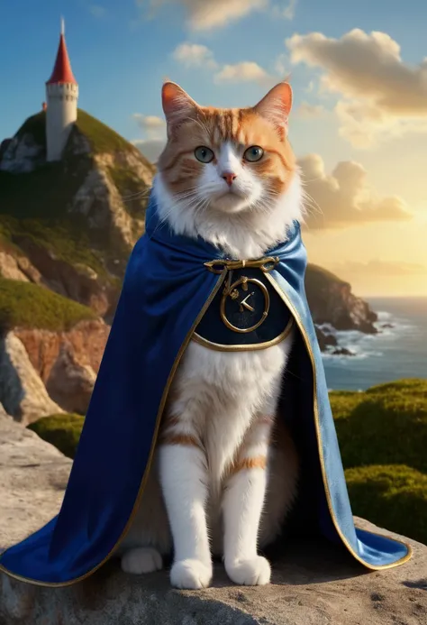 (best quality,4K,8k,A high resolution written "Ocksyi" on the cape),ultra detail, fantasy background, (Realistic,photorrealistic,photo-realistic:1.37), cat, wearing cape, written "OCKSYI" in the cape, (OCKSYI on the cape)