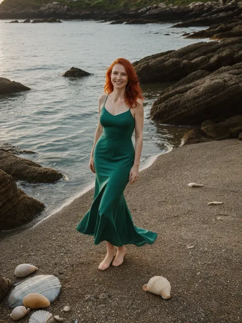 portrait, her name is Mia, high quality, 1 old woman, ((40-year-old guitar shaped body irish woman)), (((40 years old))), ((guitar shaped body)), ((wide hips)), (wrinkled body), (old body), (((red hair))), (pale skin), ((green eyes)), she is wearing a merm...