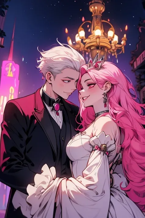 One man. One woman.Perfect faces. Perfect hands. A young white haired man with red eyes in an ornate suit is kissing a pink haired queen with violet eyes with an hourglass figure in a ballgown in the garden with a big smile
