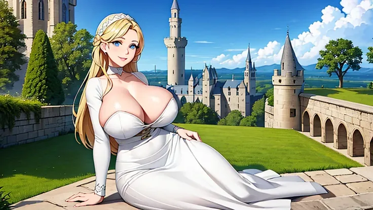 a woman wearing a white dress with silver details on the dress, blonde hair, blue eyes, in a tower of a sophisticated medieval c...