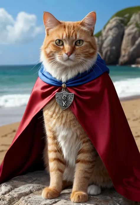 (best quality,4K,8k,A high resolution written "Ocksyi" on the cape),ultra detail, fantasy background, (Realistic,photorrealistic,photo-realistic:1.37), cat, wearing cape, written "OCKSYI" in the cape, (OCKSYI on the cape)