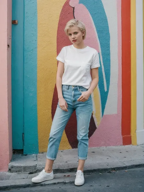 her name is Amelie, high quality, 1girl, ((25-year-old fit Caucasian woman)), ((25 years old)), ((SLIM)), ((short blonde hair)), pose: standing, wearing fashionable Generation-Z modern wear different colored, BACKGROUND:  "In the colorful Caminito Street i...