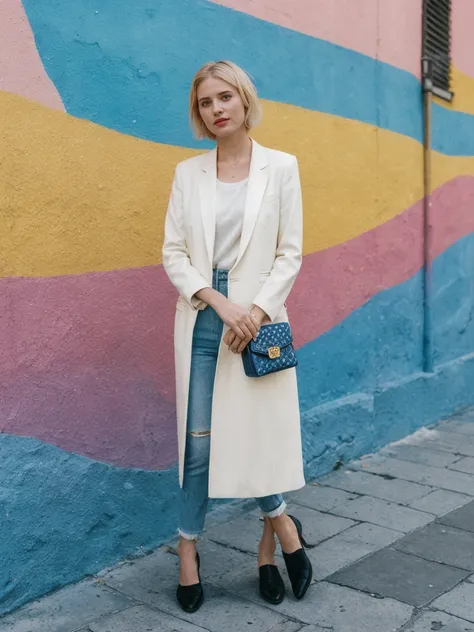 her name is Amelie, high quality, 1girl, ((25-year-old fit Caucasian woman)), ((25 years old)), ((SLIM)), ((short blonde hair)), pose: standing, wearing fashionable Generation-Z modern wear different colored, BACKGROUND:  "In the colorful Caminito Street i...