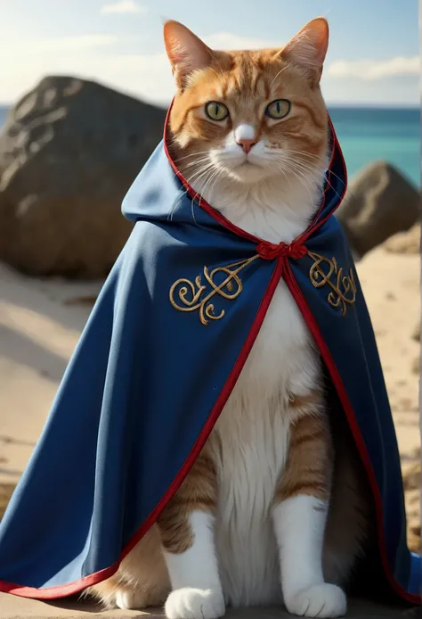 (best quality,4K,8k,A high resolution written "OCKSYI" on the cape),ultra detail, fantasy background, (Realistic,photorrealistic,photo-realistic:1.37), cat, wearing cape, written "OCKSYI" in the cape, (OCKSYI on the cape)