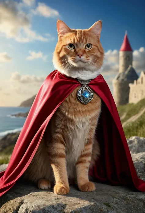 (best quality,4K,8k,A high resolution written "OCKSYI" on the cape),ultra detail, fantasy background, (Realistic,photorrealistic,photo-realistic:1.37), cat, wearing cape, written "OCKSYI" in the cape, (OCKSYI on the cape)