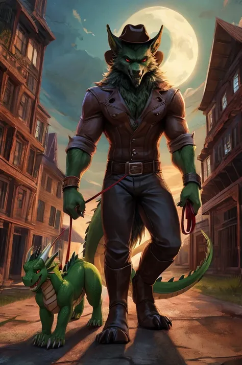 Can you draw a fluffy white werewolf Walking a green dragon, The green dragon has one red robotic eye and has on a cowboy hat, The werewolf is walking the dragon using a kid leash. The werewolf is bigger then the dragon, The werewolf is the one walking the...