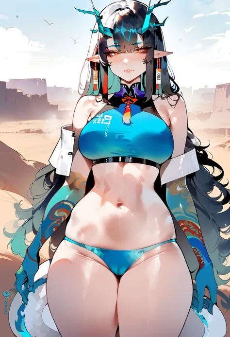 1 girl, dusk (arknights), arknights,(Masterpiece, Best Quality), The newest one,  turquoise bikinis, The original lasts, , by nyantcha, black fur, horns, por omone shopping agm, white dragon tail, evening,desert, orange eyes, turquoise scales on arms, 