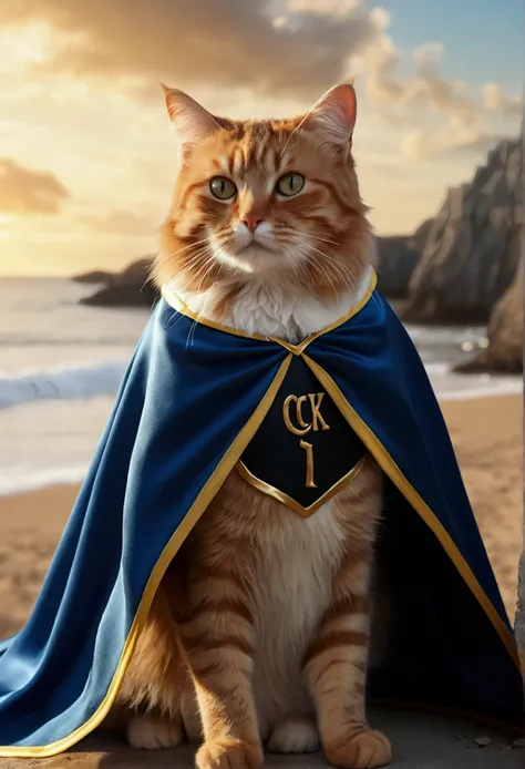 (best quality,4K,8k,A high resolution written "O C K S Y I" on the cape),ultra detail, fantasy background, (Realistic,photorrealistic,photo-realistic:1.37), cat, wearing cape, written "O C K S Y I" in the cape, (O C K S Y I on the cape)