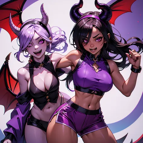 colettetrixie, red skin, sharp teeth, hair over one eye, hairband, demon horns, colored sclera, purple shirt, purple shorts, demon wings, shiranui mai