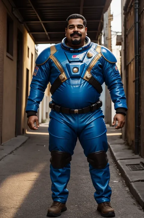 "Alone, eyes, standing, of the, hipoppotamus, blue military space suit, overweight, muscular, smiling ,alley, golden hour, PLANTS, Alone, eyes, old, maduro, overweight, pelo canvery, short hair, veryd, moustache, hairy chest, brown fur, brown body, very, h...