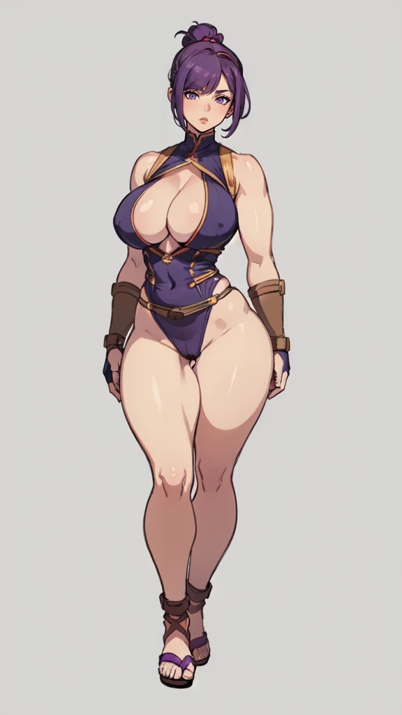 (masterpiece), best quality, female warrior, huge girl, female muscular:1.2, (curvy:1.7), (((blank background))), ((full body)), fingerless gloves, sandals, sleeveless, covered nipples, ((buzzcut hairstyle)), purple hair, hair over eyes, ((very big legs:1....