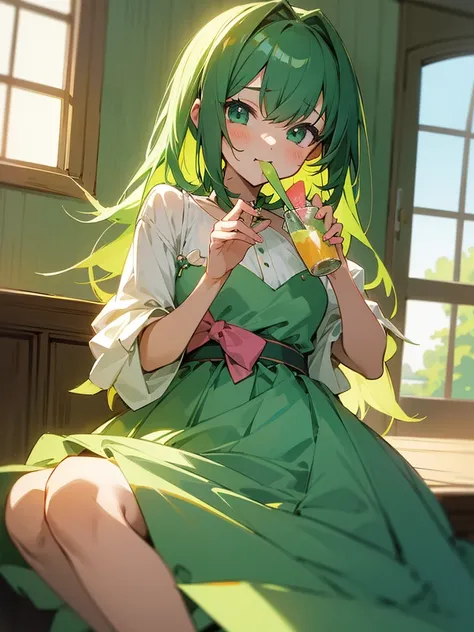 Anime illustration、masterpiece、Highest、Summer season、Beautiful green room。A cute girl is eating sherbet with a spoon、Cute Dresses、Cute Sherbet