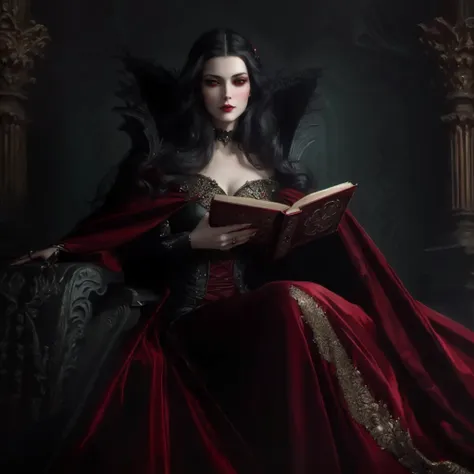 arafed woman in a red dress holding a book, beautiful vampire female queen, beautiful vampire queen, vampire queen, gothic fanta...