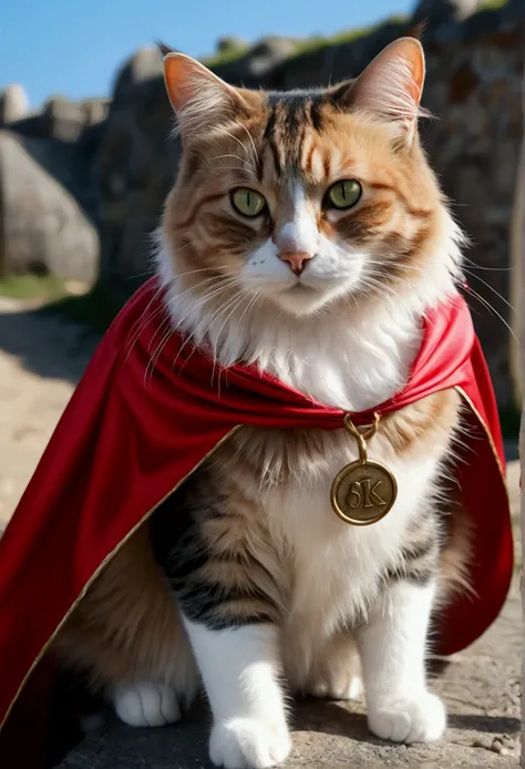 (best quality, 4K , 8k , A high resolution written "OCKSYI" on the cape),ultra detail, fantasy background, (Realistic,photorrealistic,photo-realistic:1.37), cat, wearing cape, written "OCKSYI" in the cape, (OCKSYI on cape)