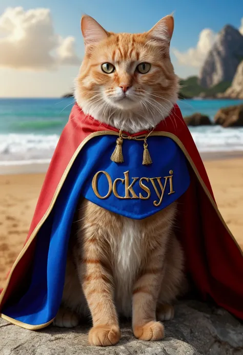 (best quality, 4K , 8k , A high resolution written "OCKSYI" on the cape),ultra detail, fantasy background, (Realistic,photorrealistic,photo-realistic:1.37), cat, wearing cape, written "OCKSYI" in the cape, (OCKSYI on cape)