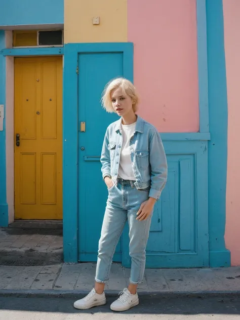 her name is Amelie, high quality, 1girl, ((25-year-old fit Caucasian woman)), ((25 years old)), ((SLIM)), ((short blonde hair)), pose: standing, wearing fashionable Generation-Z modern wear different colored, BACKGROUND: "In the colorful Caminito Street in...