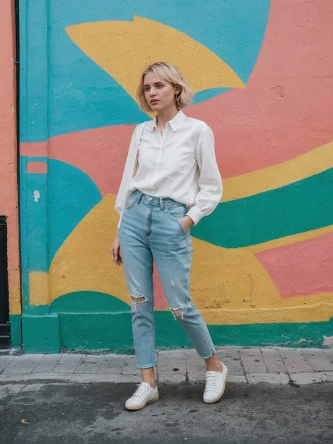 her name is Amelie, high quality, 1girl, ((25-year-old fit Caucasian woman)), ((25 years old)), ((SLIM)), ((short blonde hair)), pose: standing, wearing fashionable Generation-Z modern wear different colored, BACKGROUND: "In the colorful Caminito Street in...