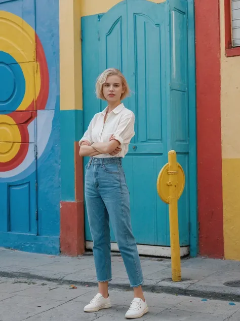 her name is Amelie, high quality, 1girl, ((25-year-old fit Caucasian woman)), ((25 years old)), ((SLIM)), ((short blonde hair)), pose: standing, wearing fashionable Generation-Z modern wear different colored, BACKGROUND: "In the colorful Caminito Street in...