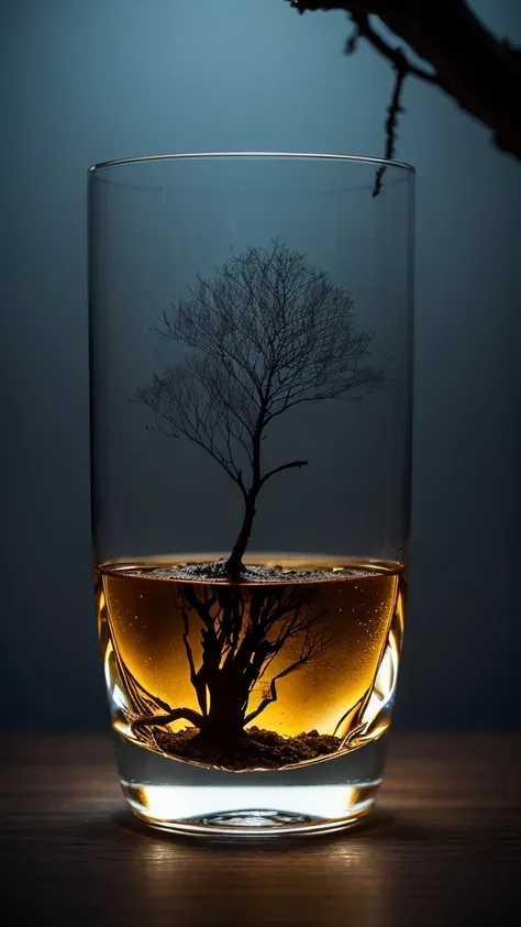 black color tree in a whisky glass, fluffy, Realistic, Refraction of atmospheric light, photograph：Lee Jeffries, Nikon d850 film stock photos 4 kodak portra 400 camera f1.6 Lenses, Rich colors, ultra Realistic Realistic textures, Dramatic lighting, Unreal ...