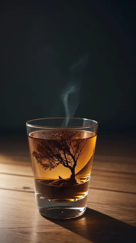 black color tree in a whisky glass, fluffy, Realistic, Refraction of atmospheric light, photograph：Lee Jeffries, Nikon d850 film stock photos 4 kodak portra 400 camera f1.6 Lenses, Rich colors, ultra Realistic Realistic textures, Dramatic lighting, Unreal ...