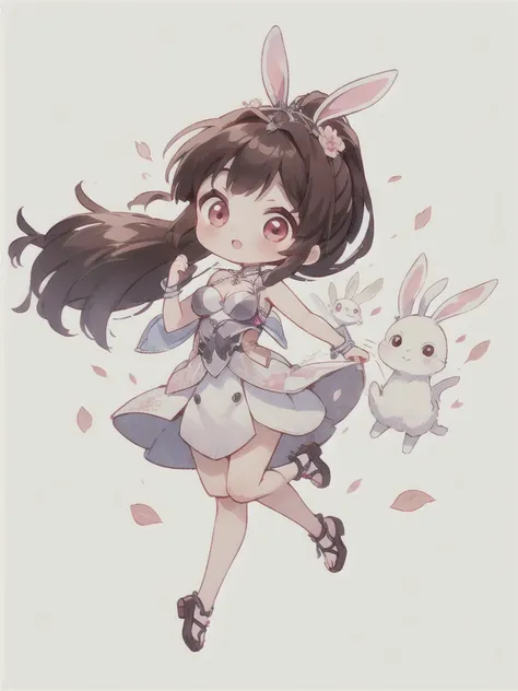 best quality, Cute light-skinned baby,chibi anime,chibi, Long brown hair，High Ponytail，((A pair of bunny ears hair accessories)),Shouhui,cute，Pink Eyes,（((full body))），Jumping，number,独奏，Falling pink petals，White long skirt，revel,Long skirt，Silver pattern，1...