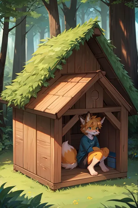 fox boy,8K resolution,high resolution,最high resolution,4K Deep in the Forest,doghouse,One person,Wearing plain clothes,